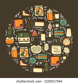 Vector illustration with cartoon hand drawn zero waste life background. Eco style. No plastic. Go green. Organic recycled elements: cotton mesh store bag, glass bottle, menstrual cup, reusable things