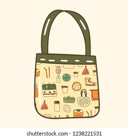 Vector illustration with cartoon hand drawn zero waste life objects. Eco style. No plastic. Go green. Organic recycled elements: cotton mesh store bag, glass bottle, menstrual cup, reusable things