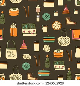 Vector illustration with cartoon hand drawn zero waste life background. Eco style. No plastic. Go green. Organic recycled elements: cotton mesh store bag, glass bottle, menstrual cup, reusable things