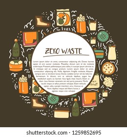 Vector illustration with cartoon hand drawn zero waste life background. Eco style. No plastic. Go green. Organic recycled elements: cotton mesh store bag, glass bottle, menstrual cup, reusable things