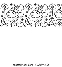 Dibujo vectorial del patrón dibujado a mano. Fondo de arte en línea para niños, moda, dulces, tienda de accesorios para dormir o tienda. Pintura, tarjeta, certificado, póster, papel pintado, marco, textil