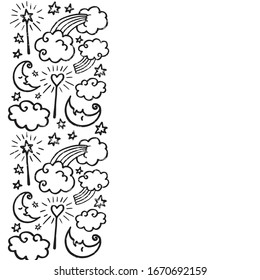 Dibujo vectorial del patrón dibujado a mano. Fondo de arte en línea para niños, moda, dulces, tienda de accesorios para dormir o tienda. Pintura, tarjeta, certificado, póster, papel pintado, marco, textil