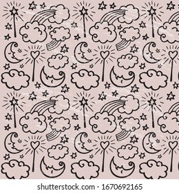 Dibujo vectorial del patrón dibujado a mano. Fondo de arte en línea para niños, moda, dulces, tienda de accesorios para dormir o tienda. Pintura, tarjeta, certificado, póster, papel pintado, marco, textil