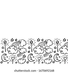 Dibujo vectorial del patrón dibujado a mano. Fondo de arte en línea para niños, moda, dulces, tienda de accesorios para dormir o tienda. Pintura, tarjeta, certificado, póster, papel pintado, marco, textil