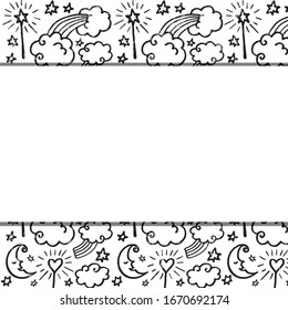 Vector illustration of cartoon hand drawn pattern. Line art background for kid's, fashion, candy, sleeping accessories store or shop. Invination, card, certificate, poster, wallpaper, frame, textile