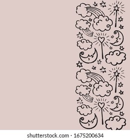 Dibujo vectorial del patrón dibujado a mano. Fondo de arte en línea para niños, moda, dulces, tienda de accesorios para dormir o tienda. Invitación, tarjeta, certificado, póster, papel pintado, marco, textil