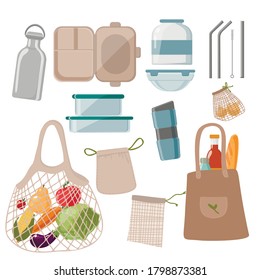 Vector illustration with cartoon hand drawn zero waste life objects. Eco style cutlery. Go green. Organic recycled items cotton mesh bag, glass beaker, metal bottle and straws, reusable items