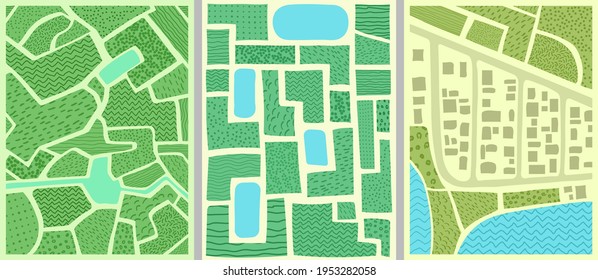 Vector illustration. Cartoon hand drawn style. Fields, lakes, buildings. Aerial view. Nature scene. Flat doodle concept. Design element for poster, book cover, magazine, flyer, postcard. Background