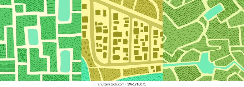 Vector illustration. Cartoon hand drawn style. Fields, lakes, buildings. Aerial view. Nature scene. Flat doodle concept. Design for social media template, banner. Dots, circles, shapes.