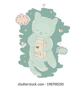 Vector illustration of a cartoon hand drawn cat who dreams of milk, loves milk.