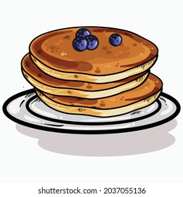 Vector Illustration Of Cartoon Hand Drawn Pancakes With Blue Berry Fruit Topping