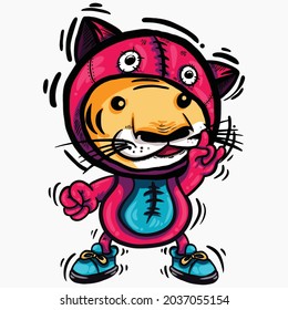 vector illustration of cartoon hand drawn cute tiger cub with costume jacket