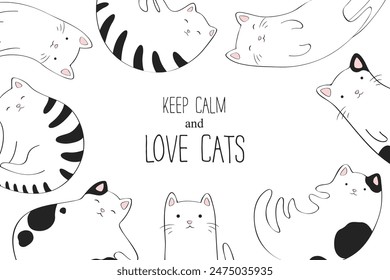 Vector illustration with cartoon hand drawn cats frame and lettering isolated on white background. Cute animal design template for poster, card print, invitation, banner, nursery decor