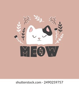 Ilustración vectorial con caricatura dibujada a mano cara de gato, letras maullar, flores y ramas aisladas sobre fondo de color. Plantilla de diseño animal lindo para el cartel, impresión de la tarjeta, decoración del vivero