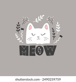 Ilustración vectorial con caricatura dibujada a mano cara de gato, letras maullido, flores y ramas aisladas sobre fondo gris. Plantilla de diseño animal lindo para la impresión de la tarjeta, cartel, decoración del vivero