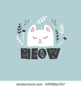 Ilustración vectorial con caricatura dibujada a mano cara de gato, letras maullido, flores y ramas aisladas sobre fondo azul. Plantilla de diseño animal lindo para el cartel, impresión de la tarjeta, decoración del vivero