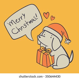 Vector illustration of a cartoon hand drawn dog holding a wrapped present and wishing a merry Christmas with love.