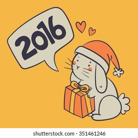 Vector illustration of a cartoon hand drawn bunny holding a wrapped present and wishing a happy New Year with love.