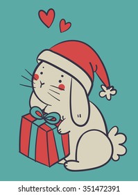 Vector illustration of a cartoon hand drawn bunny holding a wrapped present with love.