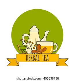 Vector illustration with cartoon hand drawn herbal teapot and cup. Vector concept for tea ceremony cartoon logo. Traditional hot beverage for relaxation. Chamomile green tea