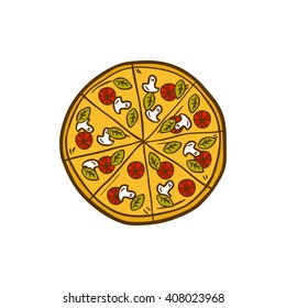 Vector illustration with cartoon hand drawn pizza. Vector background with Italian cuisine object. Great for cartoon cafe, restaurant or pizzeria design. Hand drawn isolated pizza logo, emblem, sign