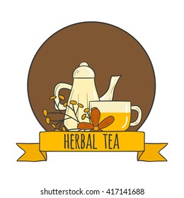 Vector illustration with cartoon hand drawn herbal teapot and cup. Vector concept for tea ceremony cartoon logo. Traditional hot beverage for relaxation. Chamomile green tea