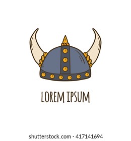 Vector illustration with cartoon hand drawn horned viking helmet. Vector nordic scandinavian culture object. Medieval viking helmet with horns. Vector viking icon for cartoon design. Warrior equipment