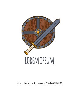 Vector illustration with cartoon hand drawn viking or knight sword and shield. Medieval steel weapon. Vector emblem or logo illustration. Cartoon round shield with steel sword. Military or security