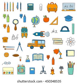 Vector illustration with cartoon hand drawn template for Back to School icons, card, poster, background, banner or flyer. Cute catroon school things design. Yellow school bus, backpack, supplies