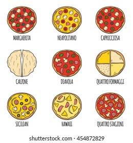 Vector illustration with cartoon hand drawn set of pizza. Vector pizzeria, cafe, restaurant menu concept. Italian cuisine food. Isolated pizza. Delivery menu hand drawn objects. Traditional Italy food