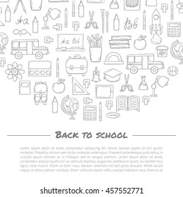 Vector illustration with cartoon hand drawn template for Back to School card, poster, background, banner or flyer. Cute cartoon school things design. Yellow school bus, backpack, supplies