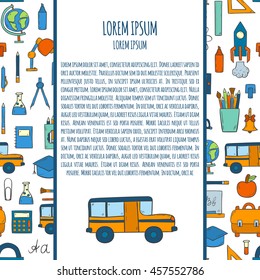 Vector illustration with cartoon hand drawn template for Back to School card, poster, background, banner or flyer. Cute cartoon school things design. Yellow school bus, backpack, supplies