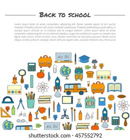 Vector illustration with cartoon hand drawn template for Back to School card, poster, background, banner or flyer. Cute cartoon school things design. Yellow school bus, backpack, supplies