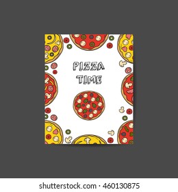 Vector illustration with cartoon hand drawn pizza background. Vector pizzeria, cafe, restaurant menu. Italian cuisine food. Cartoon pizza. Delivery menu hand drawn objects. Traditional Italy food