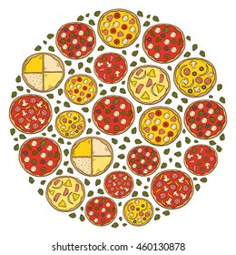 Vector illustration with cartoon hand drawn pizza background. Vector pizzeria, cafe, restaurant menu. Italian cuisine food. Cartoon pizza. Delivery menu hand drawn objects. Traditional Italy food