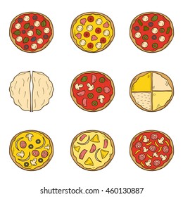 Vector illustration with cartoon hand drawn set of pizza. Vector pizzeria, cafe, restaurant menu concept. Italian cuisine food. Isolated pizza. Delivery menu hand drawn objects. Traditional Italy food