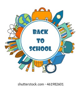Vector illustration with cartoon hand drawn template for Back to School card, poster, background, banner or flyer. Cute cartoon school things design. Yellow school bus, backpack, supplies