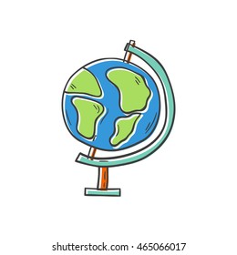 Vector illustration with cartoon hand drawn isolated globe. Geography, travel, education, school supply concept. Vector isolated hand drawn icon on white background. Planet earth, world cartoon icon