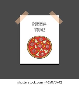 Vector illustration with cartoon hand drawn isolated pizza on white background. Italian cuisine vector icon. Fast food. Cartoon italian restaurant or cafe menu. Mozarella, tomato sauce, basil food