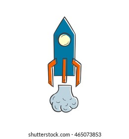 Vector illustration with cartoon hand drawn isolated rocket spaceship icon. Startup, business, science technology vector icon. Hand drawn cosmos travel concept. Isolated rocket on white background