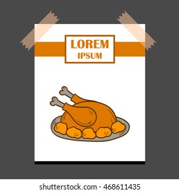 Vector illustration with cartoon hand drawn isolated thanksgiving day traditional turkey. Hand drawn cooked turkey background template. Traditional dinner food for Christmas, autumn, thanksgiving day