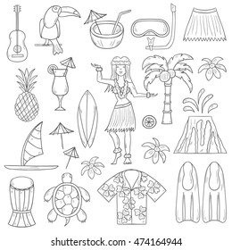 Vector illustration with cartoon hand drawn hawaii icons. Tropical island summer travel. Beach life, relaxation, palm, Hawaii tourism. Vector hand drawn cartoon vacation icons