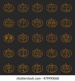 Vector illustration with cartoon hand drawn set of orange Halloween Pumpkin with different scary or funny carving faces. Isolated Halloween Pumpkin icons or background. Trick or treat concept