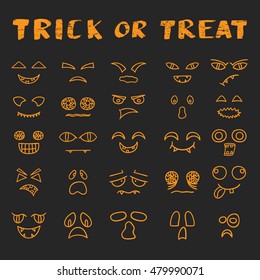 Vector illustration with cartoon hand drawn set of orange Halloween scary faces for carving pumpkins. Isolated Halloween icons or background. Trick or treat hand drawn lettering