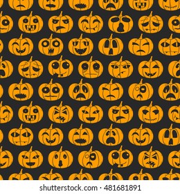 Vector illustration with cartoon hand drawn background of orange Halloween Pumpkin with different scary or funny carving faces. Vector Halloween Pumpkin background. Trick or treat concept