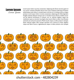 Vector illustration with cartoon hand drawn background of orange Halloween Pumpkin with different scary or funny carving faces. Vector Halloween Pumpkin background. Trick or treat concept