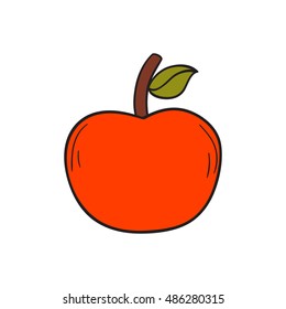 Vector illustration with cartoon hand drawn red apple on white background. Healthy fruit snack for diet and healthy lifestyle. Vector organic natural apple icon. Vitamin fruit, apple garden icon