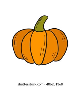 Vector illustration, cartoon hand drawn isolated pumpkin icon on white background. Harvesting, halloween, autumn thanksgiving object. Vector orange pumpkin. October fresh vegetable season pumpkin icon
