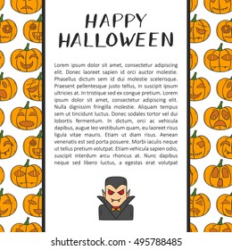 Vector illustration with cartoon hand drawn background of orange Halloween Pumpkin with different scary or funny carving faces. Vector Halloween Pumpkin background. Trick or treat concept