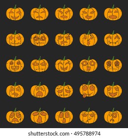 Vector illustration with cartoon hand drawn set of orange Halloween Pumpkin with different scary or funny carving faces. Isolated Halloween Pumpkin icons or background. Trick or treat concept